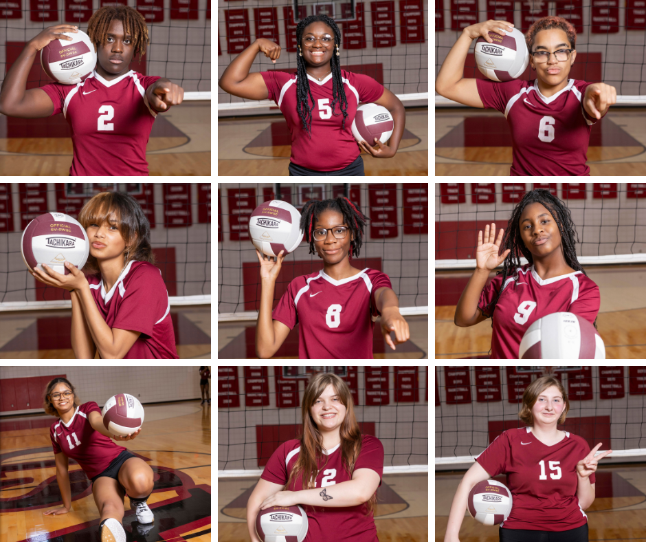   A collage of headshots for 9 girls volleyball athletes.